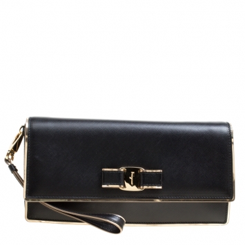 Pre Owned Salvatore Ferragamo Black Leather Miss Vara Bow Wristlet Clutch