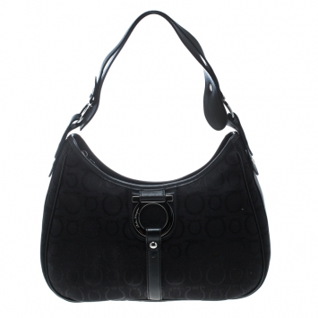 Pre Owned Salvatore Ferragamo Black Canvas and Leather Gancini Shoulder Bag