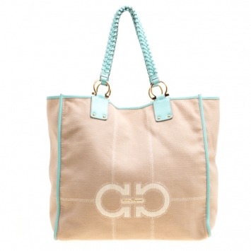 Pre Owned Salvatore Ferragamo Beige/Green Canvas and Leather Shopper Tote