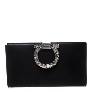Pre Owned Salvatore Ferragamo Black Satin Gancini Clutch 