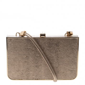 Pre Owned Salvatore Ferragamo Beige/Gold Leather and Metal Box Clutch