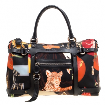 Pre Owned Salvatore Ferragamo Black Multicolor Printed Nylon Satchel