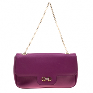 Pre Owned Salvatore Ferragamo Purple Leather Gancini Flap Bag