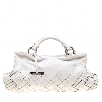 Pre Owned Salvatore Ferragamo White Woven Leather Satchel