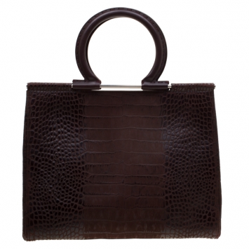 Pre Owned Salvatore Ferragamo Brown Croc Embossed Top Handle Bag