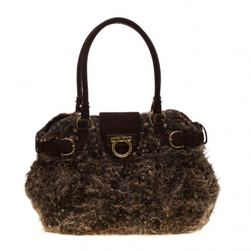 Pre Owned Salvatore Ferragamo Brown Metallic Wool Marisa Satchel