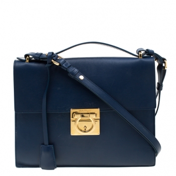 Pre Owned Salvatore Ferragamo Blue Leather Gancio Lock Shoulder Bag