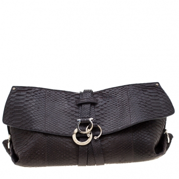Pre Owned Salvatore Ferragamo Dark Brown Perla Large Matte Python Clutch