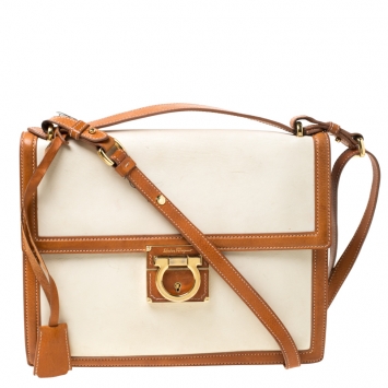 Pre Owned Salvatore Ferragamo Cream/Tan Leather Gancio Lock Shoulder Bag
