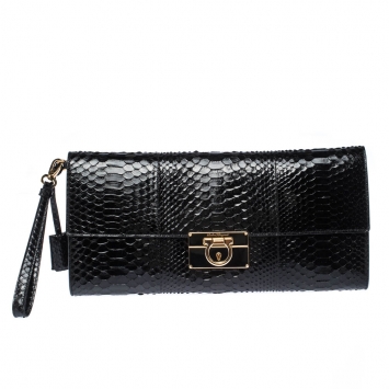 Pre Owned Salvatore Ferragamo Black Python Leahter Flap Clutch