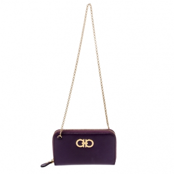 Pre Owned Salvatore Ferragamo Purple Leather Zip Around Chain Wallet