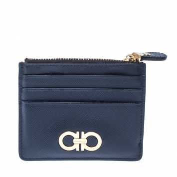 Pre Owned Salvatore Ferragamo Navy Blue Leather Double Gancio Card Holder