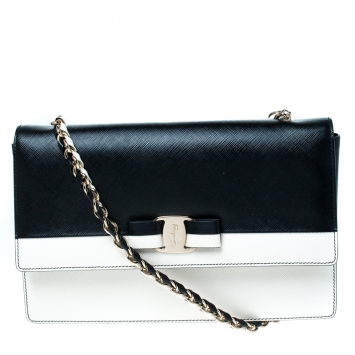 Pre Owned Salvatore Ferragamo Black/White Leather Ginny Shoulder Bag