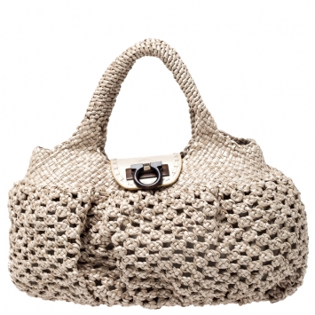 Pre Owned Salvatore Ferragamo Beige Braided Leather Satchel