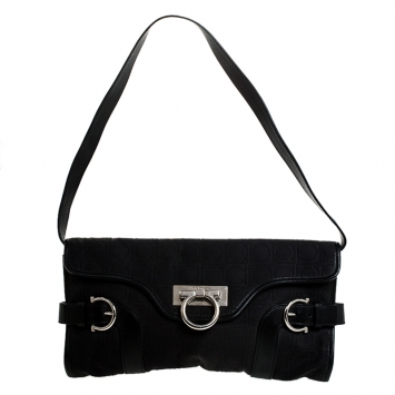 Pre Owned Salvatore Ferragamo Black Monogram Fabric and Leather Shoulder Bag 