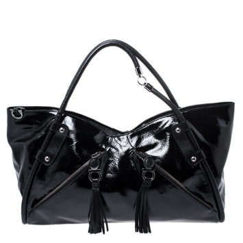 Pre Owned Salvatore Ferragamo Black Patent Leather Tassel Tote