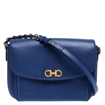 Pre Owned Salvatore Ferragamo Blue Leather Double Gancio Shoulder Bag 