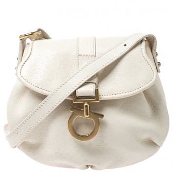 Pre Owned Salvatore Ferragamo Off White Leather Gancio Flap Crossbody Bag