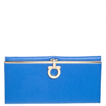 Pre Owned Salvatore Ferragamo Blue Leather Gancio Clasp Continental Wallet