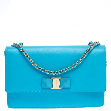 Pre Owned Salvatore Ferragamo Light Blue Leather Ginny Shoulder Bag