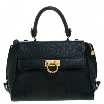 Pre Owned Salvatore Ferragamo Petroleum Green Leather Medium Sofia Top Handle Bag
