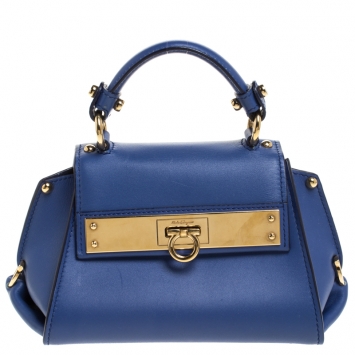 Pre Owned Salvatore Ferragamo Blue Leather Mini Sofia Top Handle Bag