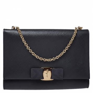 Pre Owned Salvatore Ferragamo Dark Grey Leather Ginny Crossbody Bag