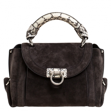 Pre Owned Salvatore Ferragamo Dark Brown Suede and Snakeskin Sofia Top Handle Bag