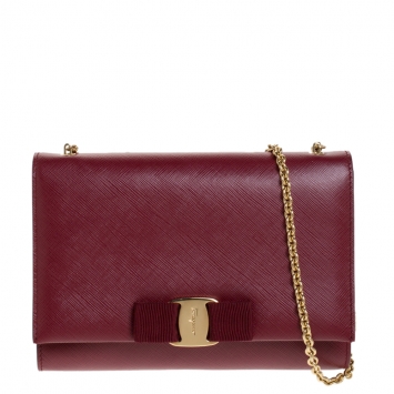 Pre Owned Salvatore Ferragamo Wine Red Leather Vara Bow Chain Shoulder Bag