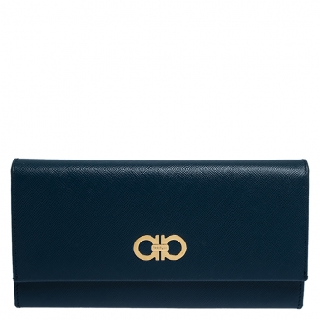 Pre Owned Salvatore Ferragamo Blue Leather Double Gancio Continental Wallet