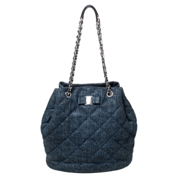 Pre Owned Salvatore Ferragamo Navy Blue Quilted Nubuck Leather Genny Bucket Bag