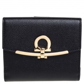Pre Owned Salvatore Ferragamo Black Leather Gancini Lock French Wallet