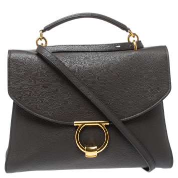 Pre Owned Salvatore Ferragamo Dark Brown Leather Gancini Top Handle Bag