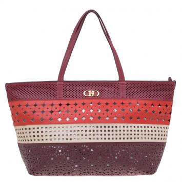 Pre Owned Salvatore Ferragamo Multicolor Leather Laser Cut Shopper Tote