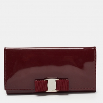 Pre Owned Salvatore Ferragamo Burgundy Patent Leather Vara Bow Continental Wallet