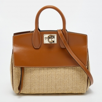 Pre Owned Salvatore Ferragamo Brown/Beige Raffia And Leather Studio Tote