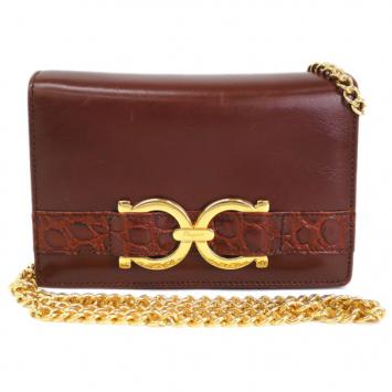 Pre Owned Salvatore Ferragamo Brown Gancini Leather Flap Bag