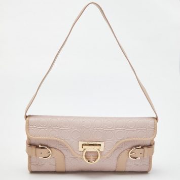 Pre Owned Salvatore Ferragamo Pink Signature Coated Canvas and Leather Shoulder Bag 