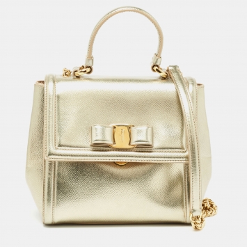 Pre Owned Salvatore Ferragamo Gold Leather Top Handle Bag