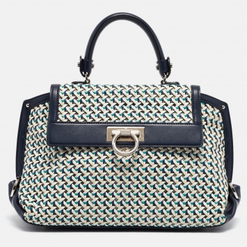 Pre Owned Salvatore Ferragamo Navy Blue/Multicolor Woven Leather Sofia Top Handle Bag
