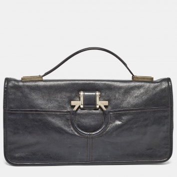 Pre Owned Salvatore Ferragamo Black Leather Oversized Gancini Clutch