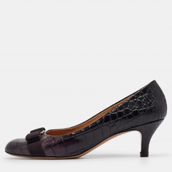 Pre Owned Salvatore Ferragamo Purple Crocodile Vara Bow Pumps Size 40.5