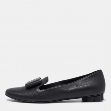 Pre Owned Salvatore Ferragamo Black Leather Trifoglio Smoking Slippers Size 39