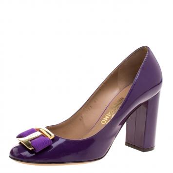 Pre Owned Salvatore Ferragamo Purple Patent Leather Ninna Bow Pumps Size 39.5
