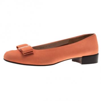Pre Owned Salvatore Ferragamo Orange Suede Bow Ballet Flats Size 37