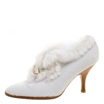 Pre Owned Salvatore Ferragamo White Calf Hair Pointed Toe Fur Trimmed Ankle Boots Size 36