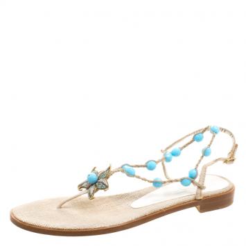 Pre Owned Salvatore Ferragamo Beige Jute Beads and Crystal Embellished Flat Sandals Size 40.5
