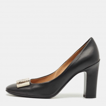 Salvatore Ferragamo Black Leather Vara Bow Block Heels Pumps Size 38.5