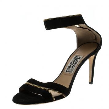 Pre Owned Salvatore Ferragamo Black Suede Ronette Zipper Detail Ankle Strap Sandals Size 38.5