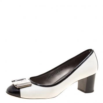 Pre Owned Salvatore Ferragamo Monochrome Leather Block Heel Pumps Size 38